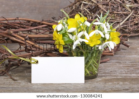 snowdrops, yellow flowers, twigs  and white card/spring/flowers