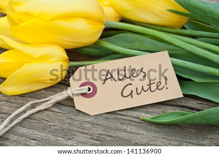 yellow tulips, gorse and label with lettering all the best/tulips/all the best