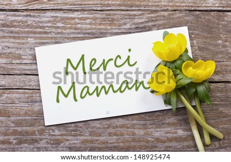 yellow flowers and card with lettering thanks mom/thanks/Mother`s day