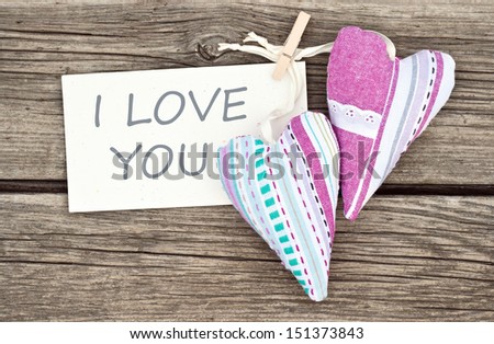 hearts and card with lettering love you/love you/heart