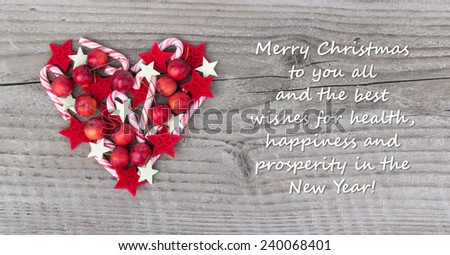 english Christmas card with candy Canes and apples/Merry Christmas to you all and the best wishes for health, happiness and prosperity in the New Year/english
