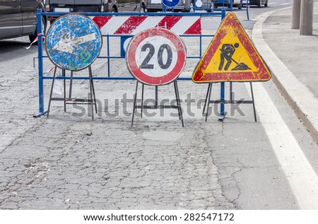 Road construction site with traffic signs / road signs / construction site