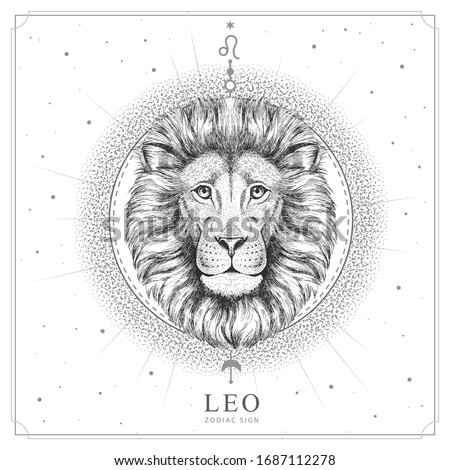 Modern magic witchcraft card with astrology Leo zodiac sign. Realistic hand drawing lion head Foto stock © 