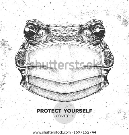 Hand drawing Animal frog wearing face medical mask. Covid-19 protection methods. Coronavirus Quarantine Warning. Vector illustration
