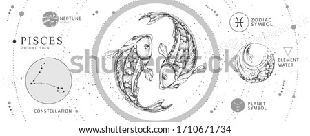 Modern magic witchcraft card with astrology Pisces zodiac sign. Realistic hand drawing koi fish illustration. Zodiac characteristic