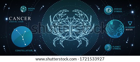 Modern magic witchcraft card with astrology Cancer neon zodiac sign. Polygonal crab illustration. Zodiac characteristic