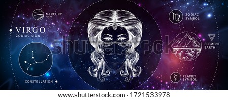 Modern magic witchcraft card with astrology Virgo zodiac sign. Realistic hand drawing woman head. Zodiac characteristic