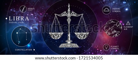 Modern magic witchcraft card with astrology Libra zodiac sign. Realistic hand drawing scales illustration. zodiac characteristic