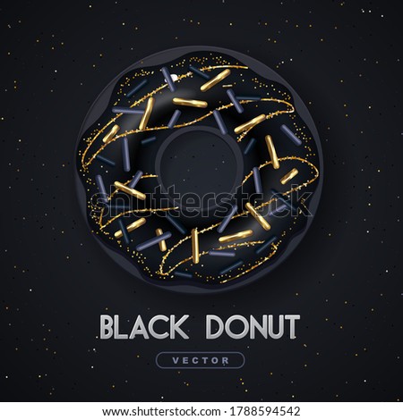 Realistic illustration of isolated black sweet donut with golden sugar sprinkle on black background. Vector