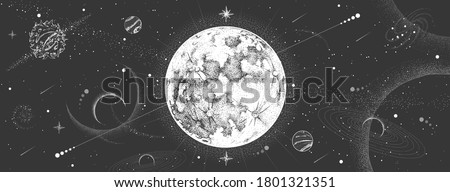 Modern magic witchcraft card with astrology moon on outer space background. Realistic hand drawing full moon vector illustration