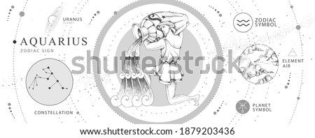Modern magic witchcraft card with astrology Aquarius zodiac sign. Realistic hand drawing water jug illustration. Zodiac characteristic