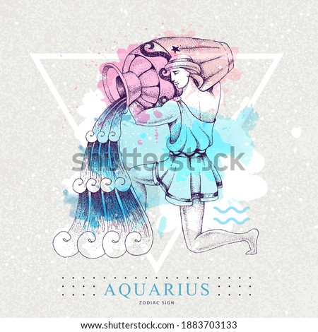 Modern magic witchcraft card with astrology Aquarius zodiac sign on artistic watercolor background. Realistic hand drawing men with water jug illustration.