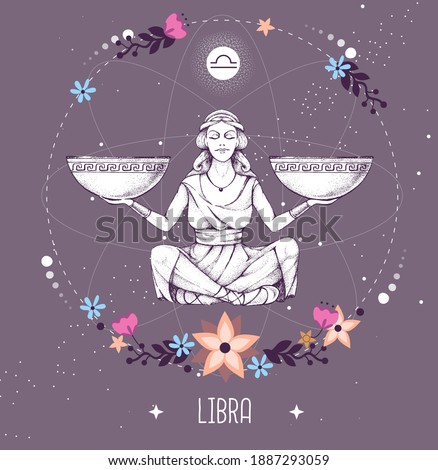 Modern magic witchcraft card with astrology Libra zodiac sign. Realistic hand drawing woman with scales.