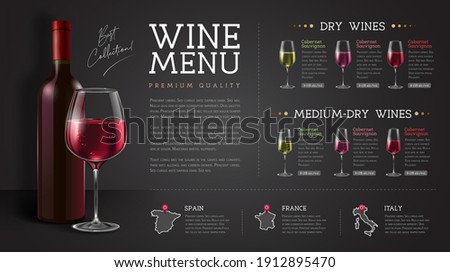 Wine restaurant menu design with realistic wine glasses and bottles. Chalk background