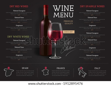 Wine restaurant menu design with realistic wine glasses and bottles. Chalk background