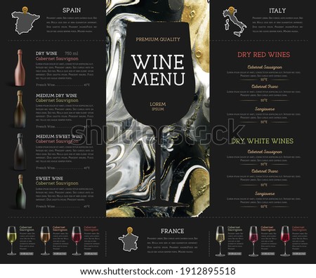Wine menu design with alcohol ink texture. Marble texture background