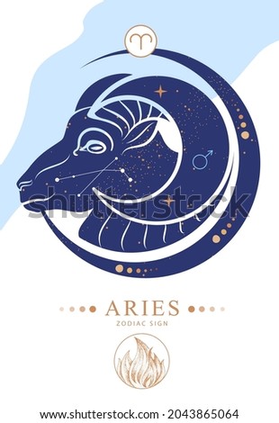 Modern magic witchcraft card with astrology Aries zodiac sign. Zodiac characteristic