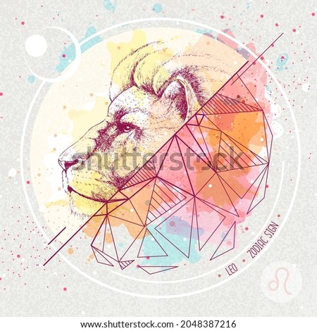Realistic hand drawing and polygonal lion head illustration on watercolor background. Magic card with Leo zodiac sign