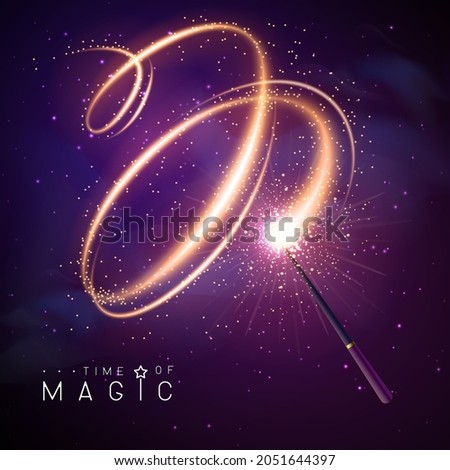 Magic wand with golden neon glowing shiny spiral trail. Vector illustration