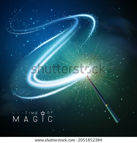 Magic wand with blue neon glowing shiny spiral trail. Vector illustration