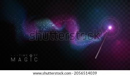 Magic wand with pink and blue glowing shiny trail.  Isolated on black transparent background. Vector illustration