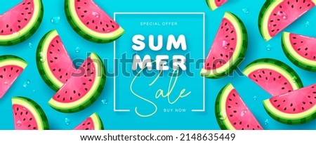 Summer sale poster with slices of watermelon on blue background. Summer watermelon background. Vector illustration