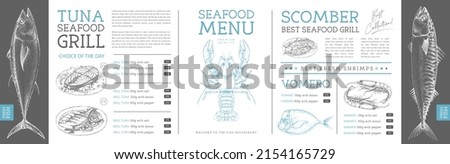 Seafood restaurant menu design with hand drawing fish. Vector illustration