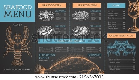 Chalk drawing seafood restaurant menu design with hand drawing fish. Vector illustration