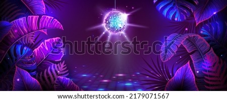 Disco ball illustration with fluorescent tropic leaves. Nature concept. Summer party poster. Vector illustration