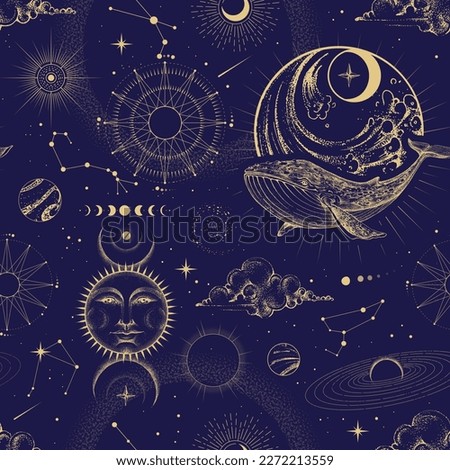 Modern magic witchcraft  astrology seamless pattern with sun, stars, planets and outer space. Astrology background. Vector illustration