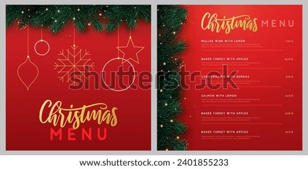 Restaurant Christmas holiday menu design with christmas floral garland on red background. Vector illustration