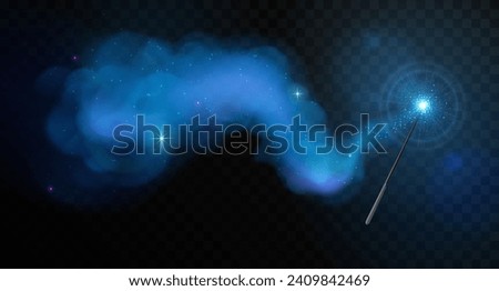 Magic wand with blue glowing shiny trail isolated on black transparent background. Vector illustration