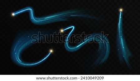 Set of Magic blue glowing shiny trails isolated on black transparent background. Vector illustration