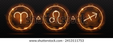 Set of modern magic witchcraft astrology neon fire zodiac signs in glowing spheres. Aries, Leo and Sagittarius neon sign. Vector illustration