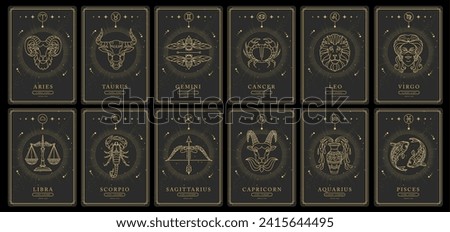 Set of Modern magic witchcraft cards with astrology zodiac signs in the night sky. Zodiac characteristic. Zodiac icons. Vector illustration