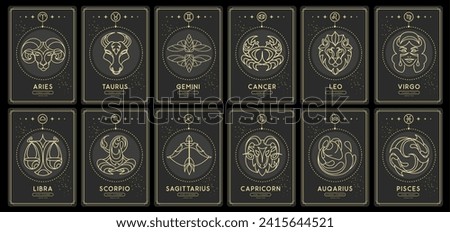 Set of Modern magic witchcraft cards with astrology zodiac signs in the night sky. Zodiac characteristic. Zodiac icons. Vector illustration