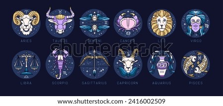Set of modern cartoon astrology zodiac signs isolated on blue background. Set of Zodiac icons. Vector illustration