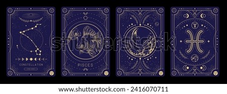 Set of Modern magic witchcraft cards with astrology Pisces zodiac sign characteristic. Vector illustration