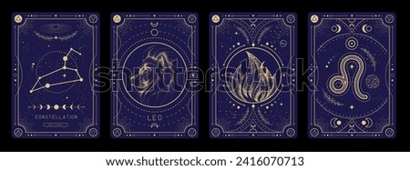 Set of Modern magic witchcraft cards with astrology Leo zodiac sign characteristic. Vector illustration