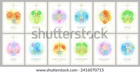 Set of Modern magic witchcraft cards with astrology zodiac signs on watercolor background. Zodiac characteristic. Vector illustration