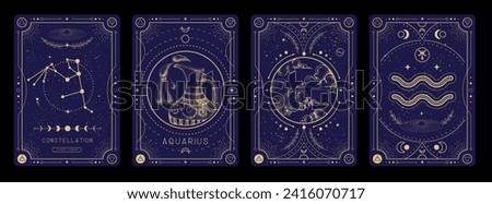 Set of Modern magic witchcraft cards with astrology Aquarius zodiac sign characteristic. Vector illustration