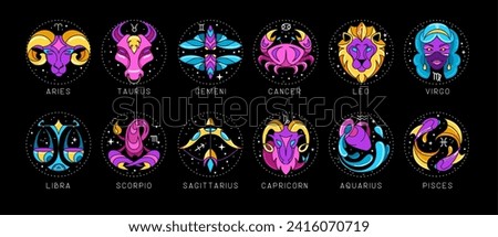 Set of modern cartoon astrology zodiac signs isolated on black background. Set of fluorescent Zodiac icons. Vector illustration