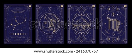 Set of Modern magic witchcraft cards with astrology Virgo zodiac sign characteristic. Vector illustration