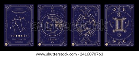 Set of Modern magic witchcraft cards with astrology Gemini zodiac sign characteristic. Vector illustration