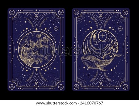 Set of Modern magic witchcraft cards with full moon and whale. Hand drawing occult vector illustration of whale, water and moon.