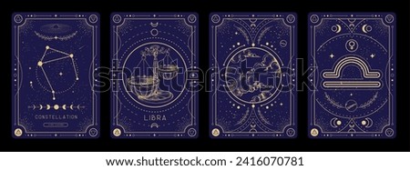 Set of Modern magic witchcraft cards with astrology Libra zodiac sign characteristic. Vector illustration