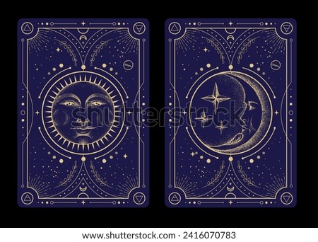 Set of Modern magic witchcraft cards with astrology sun and moon sign with human face. Day and nignt. Realistic hand drawing vector illustration