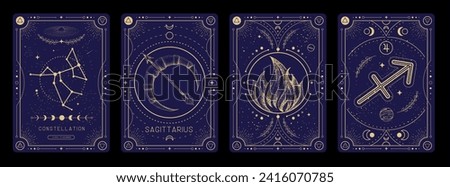 Set of Modern magic witchcraft cards with astrology Sagittarius zodiac sign characteristic. Vector illustration