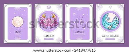 Set of cartoon magic witchcraft cards with astrology Cancer zodiac sign characteristic. Vector illustration