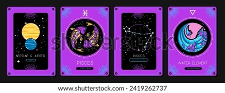 Set of fluorescent cartoon magic witchcraft cards with astrology Pisces zodiac sign characteristic. Vector illustration